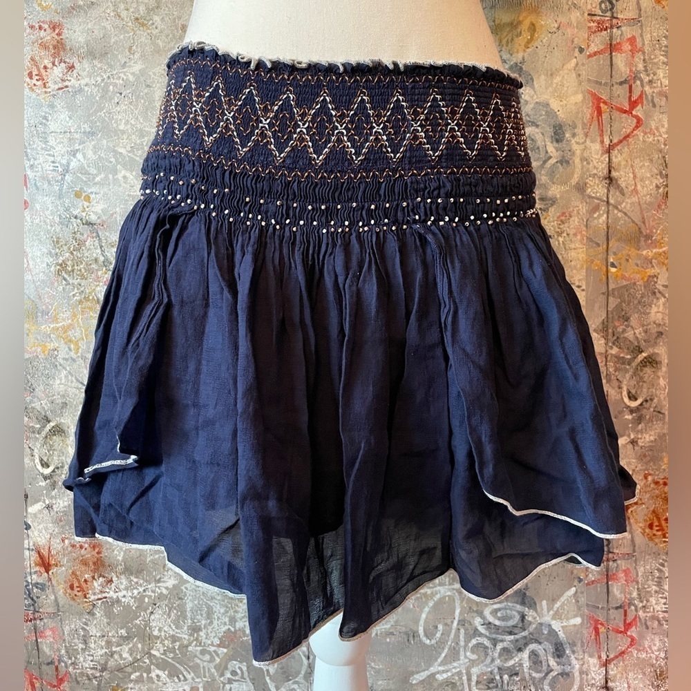 FREE PEOPLE “Lip Smacking Good” Blue Skirt with beads & Smocked waist.